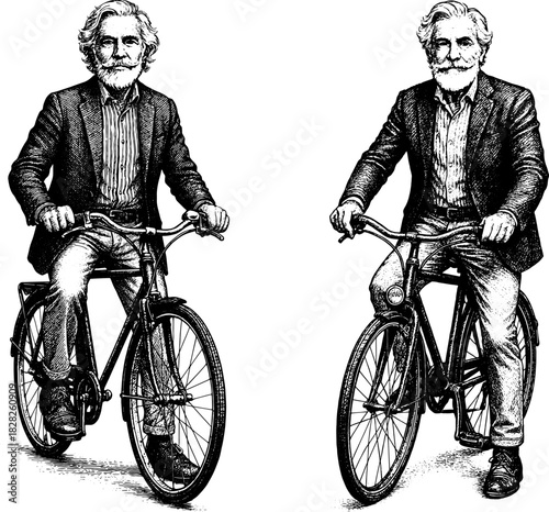 Elderly Man Riding Bicycle, Vintage Engraving Illustration, Active Senior Lifestyle Black and White Vector