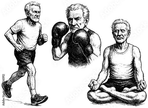 Active Elderly Man Fitness Set, Vintage Engraving Illustration on Transparent Background, Healthy Senior Lifestyle Vector