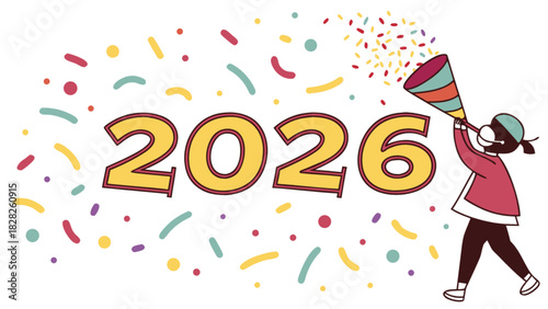Illustration of person blowing party horn with confetti and the year two thousand twenty six shown
