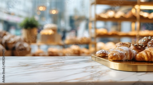 Warm Bakery Scene With Freshly Baked Pastries on a Marble Countertop During Golden Morning Light