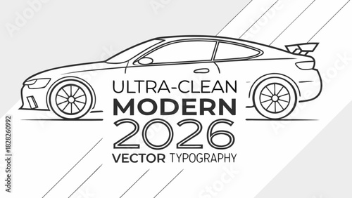 Side view of a modern sports car with ultra clean typography and vector graphics in black and white style