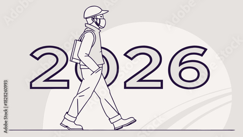 Illustration of a man wearing a mask and hat walking past the year twenty twenty six in outline form