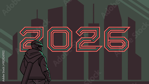 A futuristic figure stands before a neon sign reading 2026 with a city skyline in the background