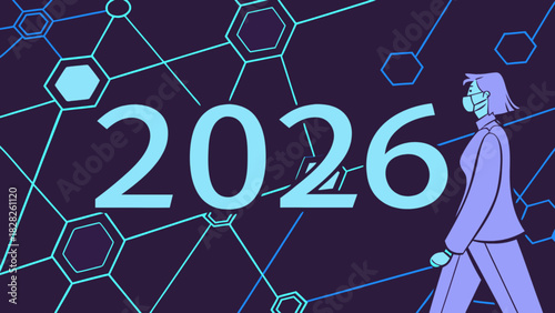 Illustration depicting the year 2026 with a masked woman and a network of hexagonal connections