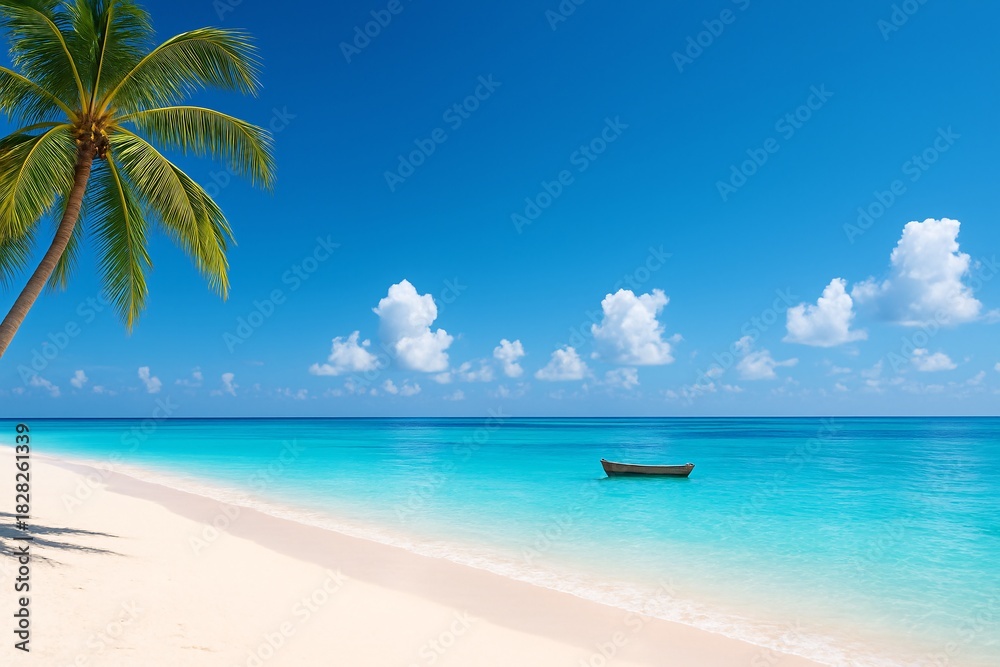 Naklejka premium Tropical beach background with coconut palm tree, white sand and turquoise ocean water. Sunny summer vacation paradise landscape with small boat and blue sky for travel banner.