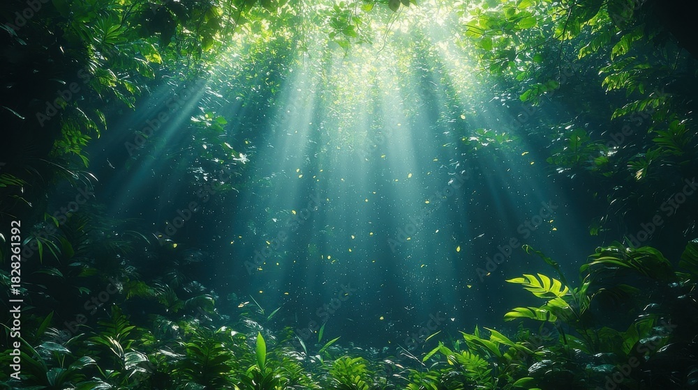 Obraz premium Sunlight streams through lush green foliage, illuminating airborne particles, creating a magical scene