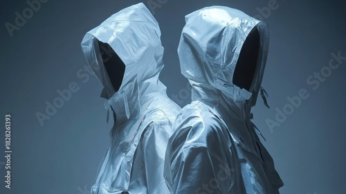 Two figures in white hooded coats, studio shot
