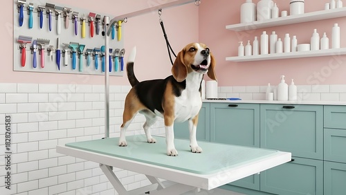 Beagle dog standing on grooming table at pet salon.