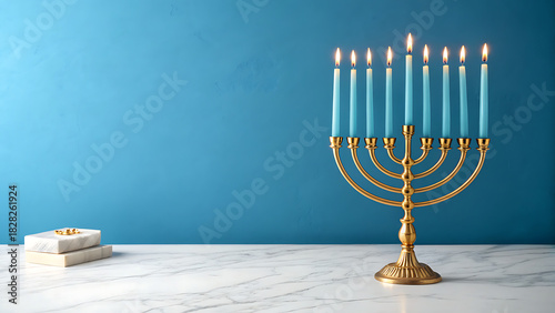 Lit golden menorah with blue candles and small gifts for hanukkah
