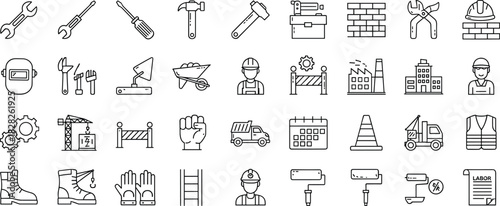 Construction Tools and Labor Equipment Line Icons Set for Industrial, Safety, Engineering, Building, Maintenance, and Infrastructure Vector Design