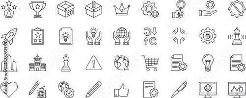 Business strategy icons set with gear, trophy, globe, pencil, monitor, chess, document, light bulb, crown, and star elements