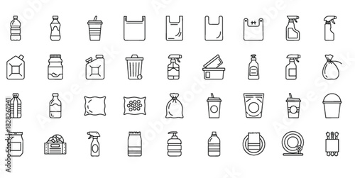 Household and Packaging Line Icons Set for Cleaning Supplies, Food Containers, Trash Bins, Bottles, Kitchenware, and Domestic Essentials