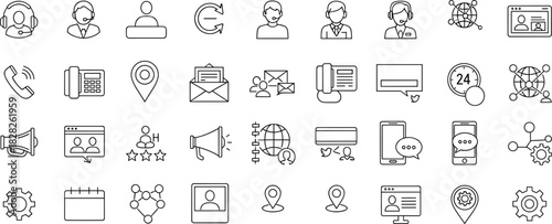 Communication and Customer Service Line Icons Set for Digital Support, Mobile Interface, Contact Tools, Technology, Network, and User Experience