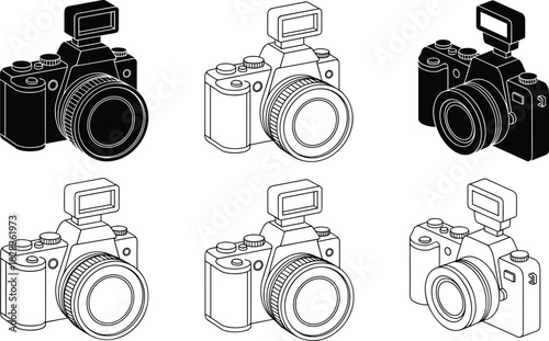 Set of six camera illustrations with pop-up flash in detailed and line styles from multiple angles for photography design use