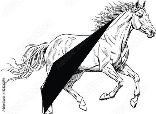 Black and white horse in motion with flowing mane and diagonal stripe, dynamic vector illustration for artistic and design content