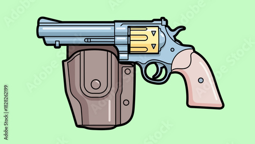 Illustration of a Classic Revolver in a Holster with a Clean, Modern Design Aesthetic, Emphasizing Safety and Precision in a Stylized Way