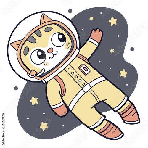Adorable cartoon tabby cat astronaut floating in outer space surrounded by stars and planets wearing a yellow spacesuit and helmet with a happy expression