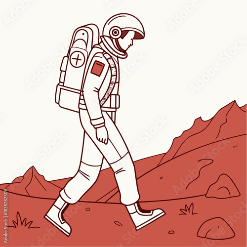 Astronaut in a stylized line drawing walks across a red alien planet landscape with mountains and rocks under a white sky