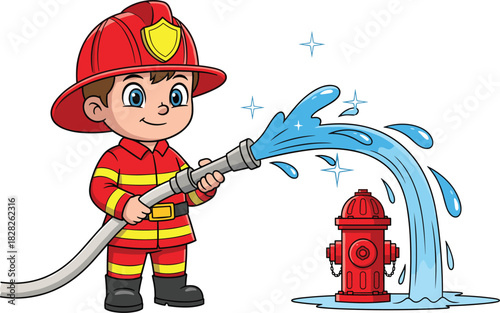 Cartoon firefighter spraying water with hose, smiling child character in uniform, fire hydrant scene, safety illustration vector for education