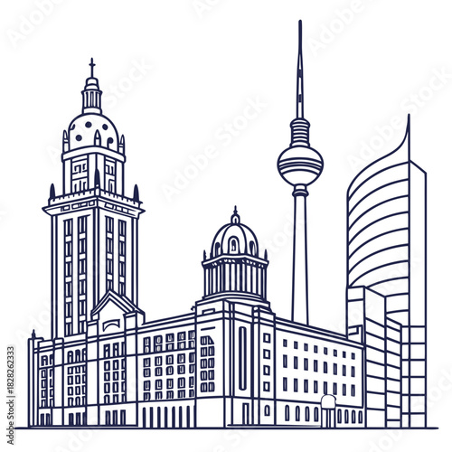 Iconic berlin skyline featuring the fernsehturm television tower rotes rathaus and a modern skyscraper in a clean line art style
