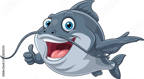 Cartoon catfish with big eyes, smiling mouth, thumbs up gesture, friendly aquatic character illustration, fishing mascot vector for education