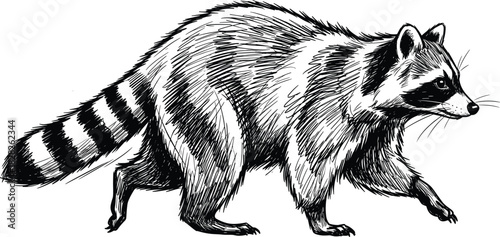 Black and white raccoon vector illustration in walking pose with detailed fur, striped tail, masked face, forest animal, wildlife drawing