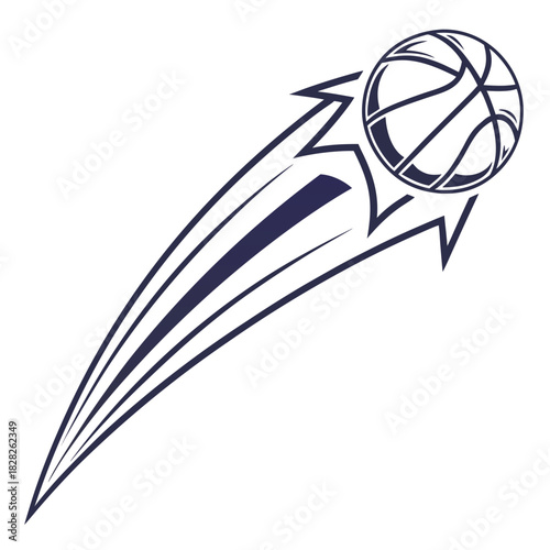 Dynamic dark blue basketball graphic with motion lines and sharp starburst effect symbolizing speed and action on a clean white background