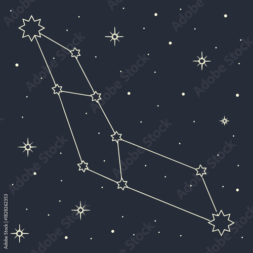 A stylized illustration of the ursa major constellation depicted as a line drawing of stars connected by lines against a dark starry night sky background