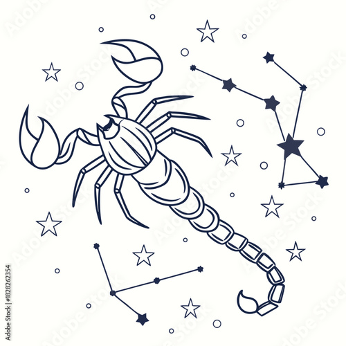 A stylized dark blue line drawing of the scorpio zodiac constellation and scorpion symbol set against a white background with scattered stars and circles