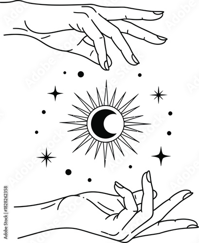 Celestial Spiritual Hands with Mystic Sun and Moon Symbol Line Art Vector Graphic