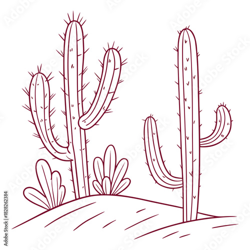 Stylized line art illustration of two tall saguaro cacti and some desert shrubs on rolling sand dunes against a white background