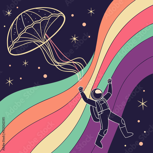 Surreal cosmic journey with a floating astronaut reaching for a glowing jellyfish amidst a vibrant rainbow wave and starry night sky