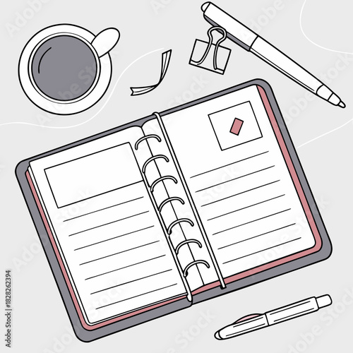 Overhead view of an open planner with blank pages a cup of coffee a pen a binder clip and a ribbon on a light gray background symbolizing productivity and organization