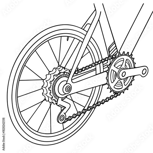Detailed line art illustration of a bicycle s rear wheel chain cassette derailleur and crankset showcasing mechanical components and engineering design