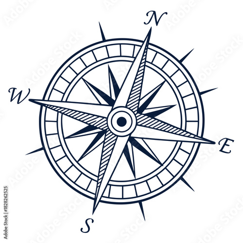 A vintage navy blue line drawing of a nautical compass rose with cardinal directions north east south west clearly marked on a white background