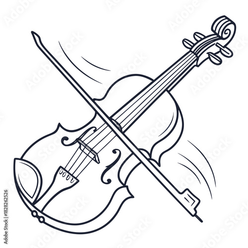A stylized line art illustration of a violin and bow in motion conveying the dynamic energy of classical music performance