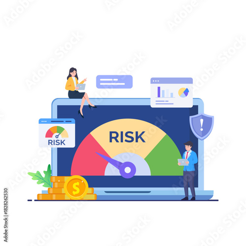 Risk Management concept. A professional evaluating financial uncertainties, Navigating market dynamics. Vector illustration.