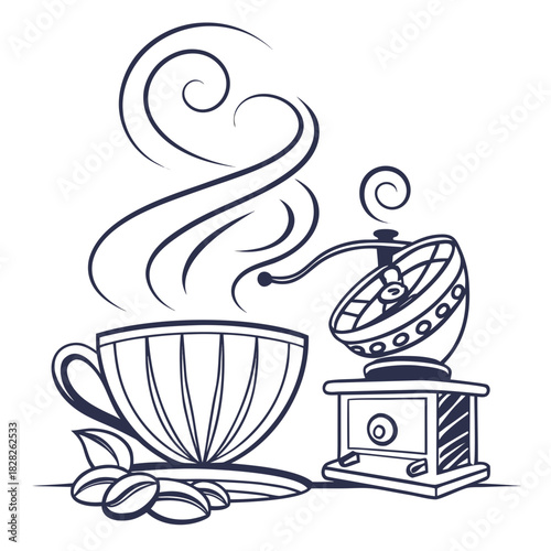 A stylized line art illustration depicts a steaming cup of coffee next to an antique coffee grinder with coffee beans and leaves in the foreground