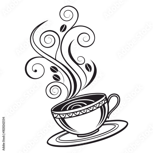 Elegant black and white stylized illustration of a steaming cup of coffee with swirling steam coffee beans and decorative elements on a saucer perfect for cafe branding and beverage designs