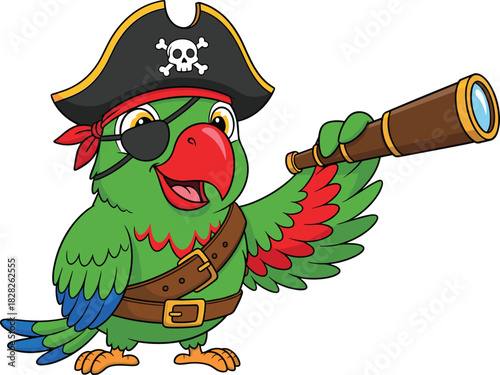 Cartoon pirate parrot with telescope, eye patch, skull hat, red bandana, colorful feathers, children’s adventure bird character illustration