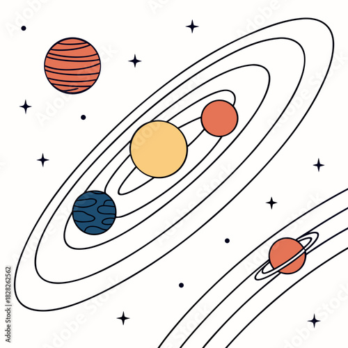Stylized illustration of planets orbiting a star with rings and stars scattered across a white background in a simple flat design style