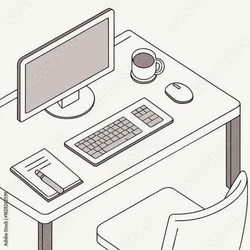A clean isometric illustration of a modern office desk setup featuring a computer monitor keyboard mouse notebook and pen with a cup of coffee nearby