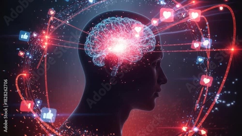 Digital brain with social media icons and neural connections illustrating psychological impact of online interactions and social networking on mental health