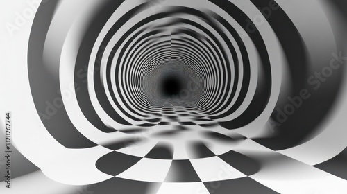 Fototapeta Naklejka Na Ścianę i Meble -  Abstract black and white tunnel perspective, optical illusion, checkered floor. Possible use  Background, wallpaper, design element