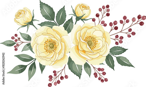 Elegant floral arrangement with pale yellow roses, green leaves, and red berries, isolated on white background for botanical design use.