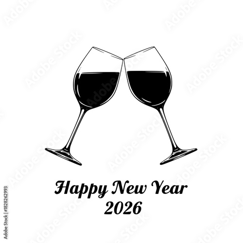 silhouette of two clinking wine glasses with Happy New Year 2026