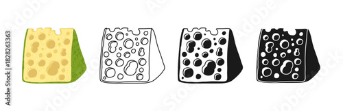Cheese with holes cartoon clipart illustration and simple stylized symbols set. A piece of Swiss cheese slice linear doodle contour icon or spotted silhouette. Vector design for food or dairy projects