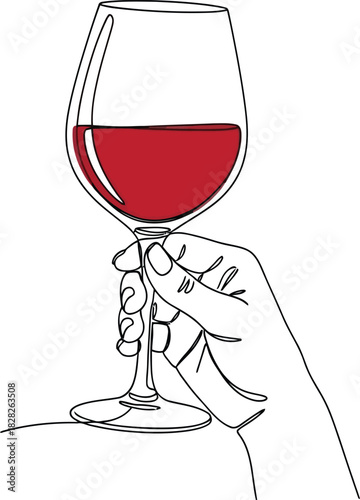 Minimalist Continuous Line Art Illustrating a Hand Holding a Wine Glass Filled with Drink