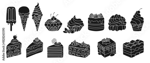 Cakes, pieces of cake and ice cream, different types desserts engraving set. Birthday various slices cakes texture illustration. Sweet holiday bakery art. Vector hand drawn silhouette design