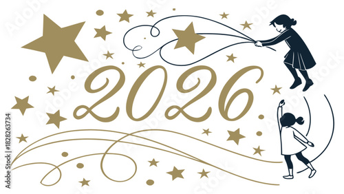 Illustration of the year two thousand twenty six with stars and two girls playing around it